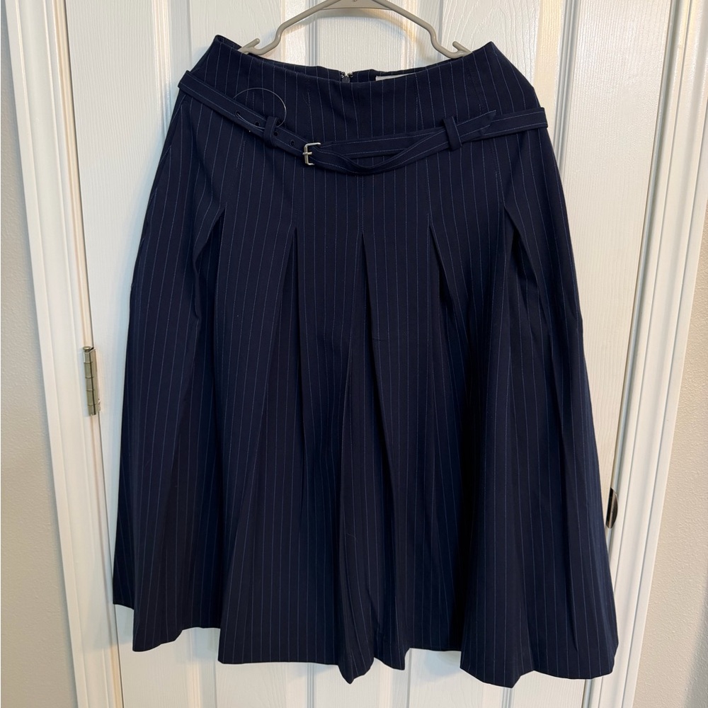 Pinstripe Navy A-Line Skirt with Slim Belt Size 2